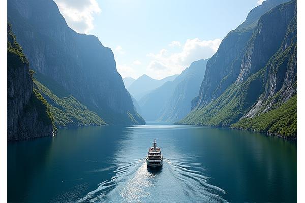 Fjords norvégiens avec un bateau naviguant
