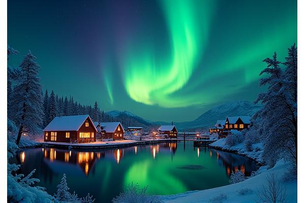 Aurore boréale sur un village scandinave enneigé
